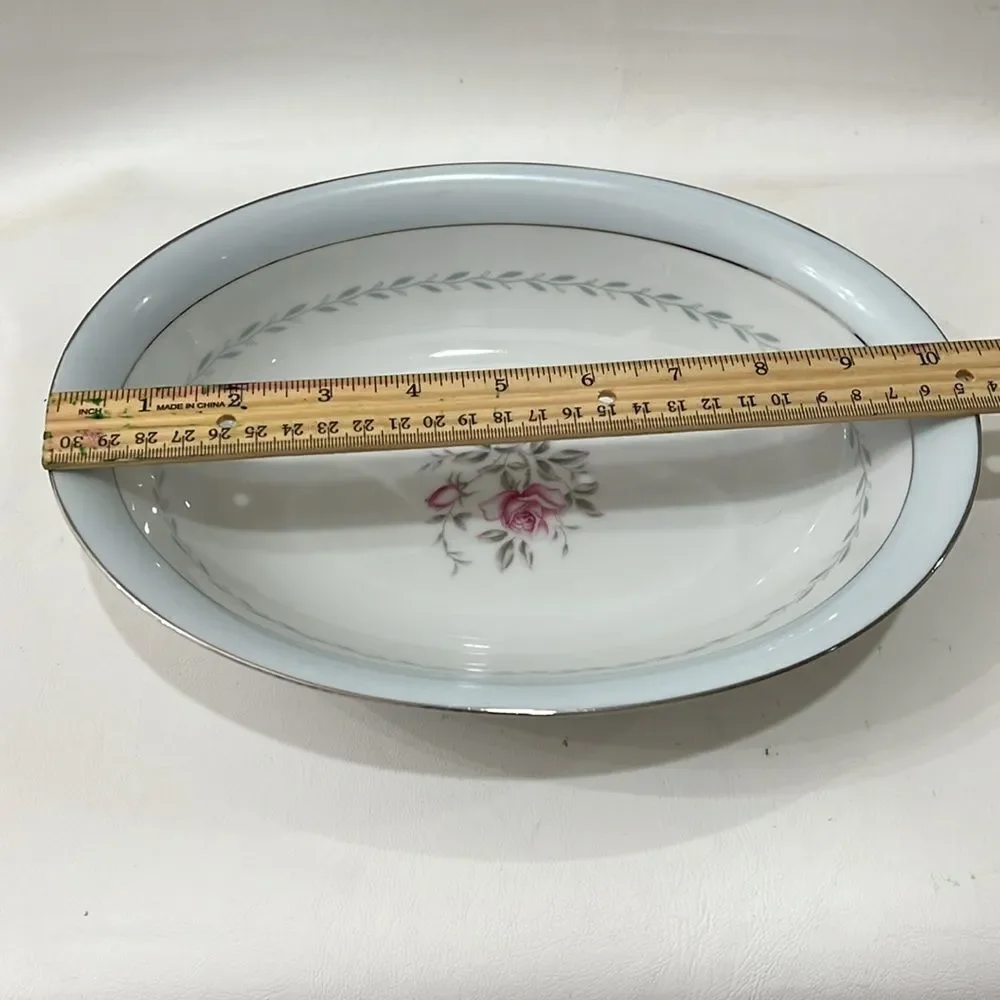 Regency Japan Oval Serving Bowl White Blue Pink Rose Silver 10 1/2 X 7 3/4 In